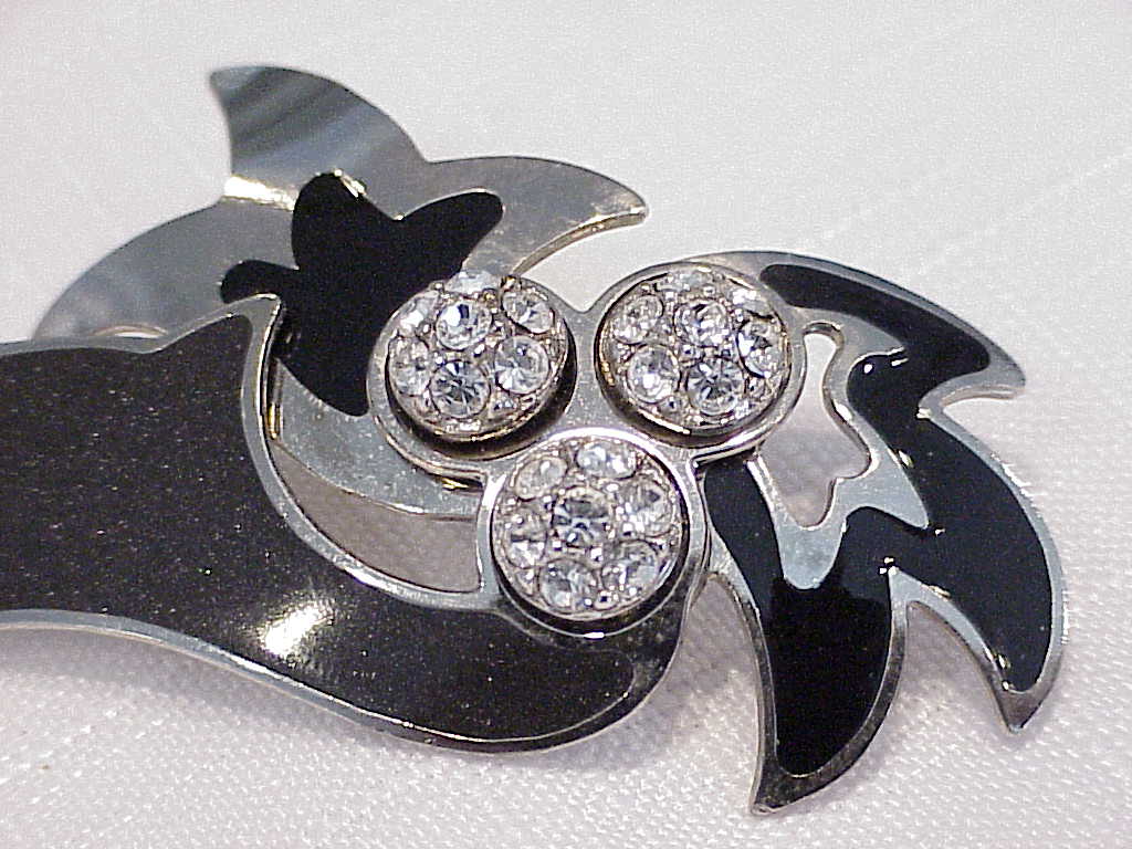 Berebi Large Black Enamel And Rhinestone Silver Tone Pierced Earrings