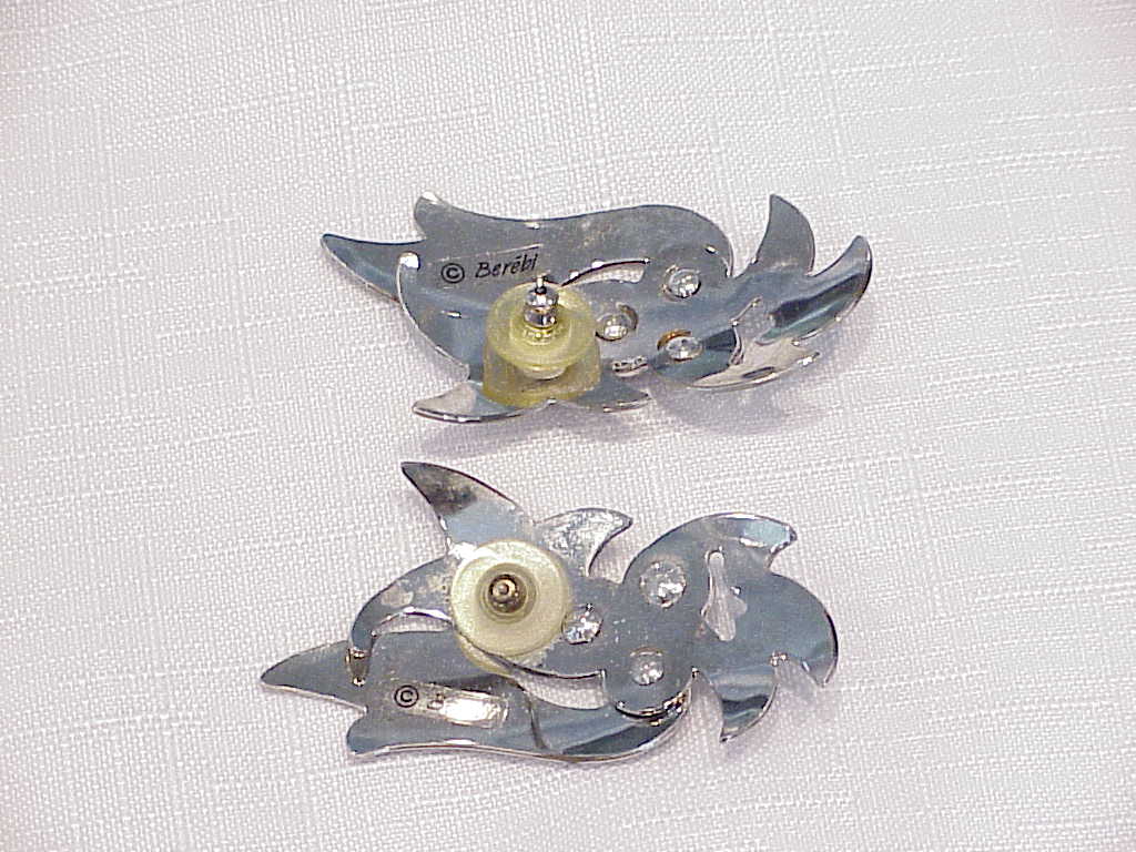 Berebi Large Black Enamel And Rhinestone Silver Tone Pierced Earrings