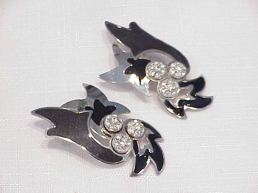 Berebi Large Black Enamel And Rhinestone Silver Tone Pierced Earrings