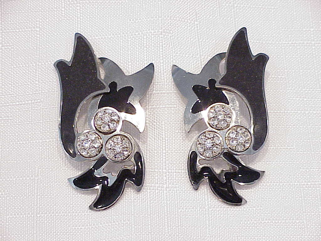 Berebi Large Black Enamel And Rhinestone Silver Tone Pierced Earrings