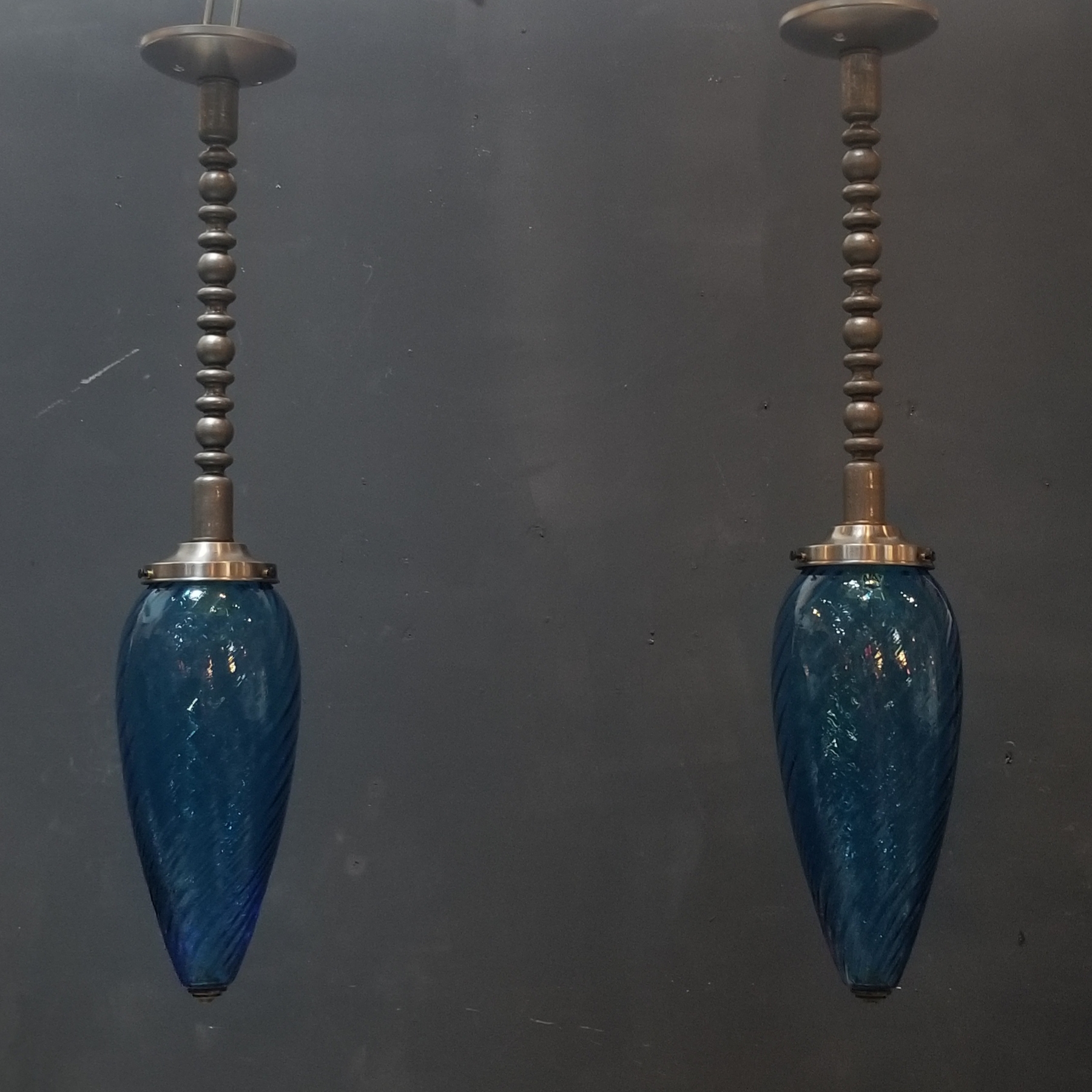 SET of 2 BLUE SWIRLED GLASS PENDANTS