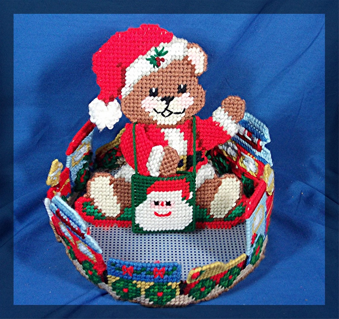Cross stitched teddy bear center piece treat holder