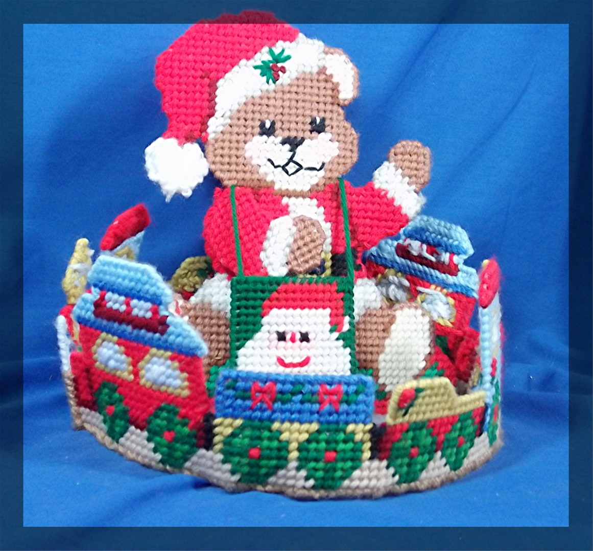 Cross stitched teddy bear center piece treat holder