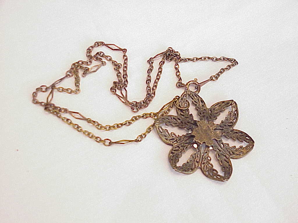 Bronze Filigree, Coral Cabachon, Rhinestone Flower Pendant Necklace