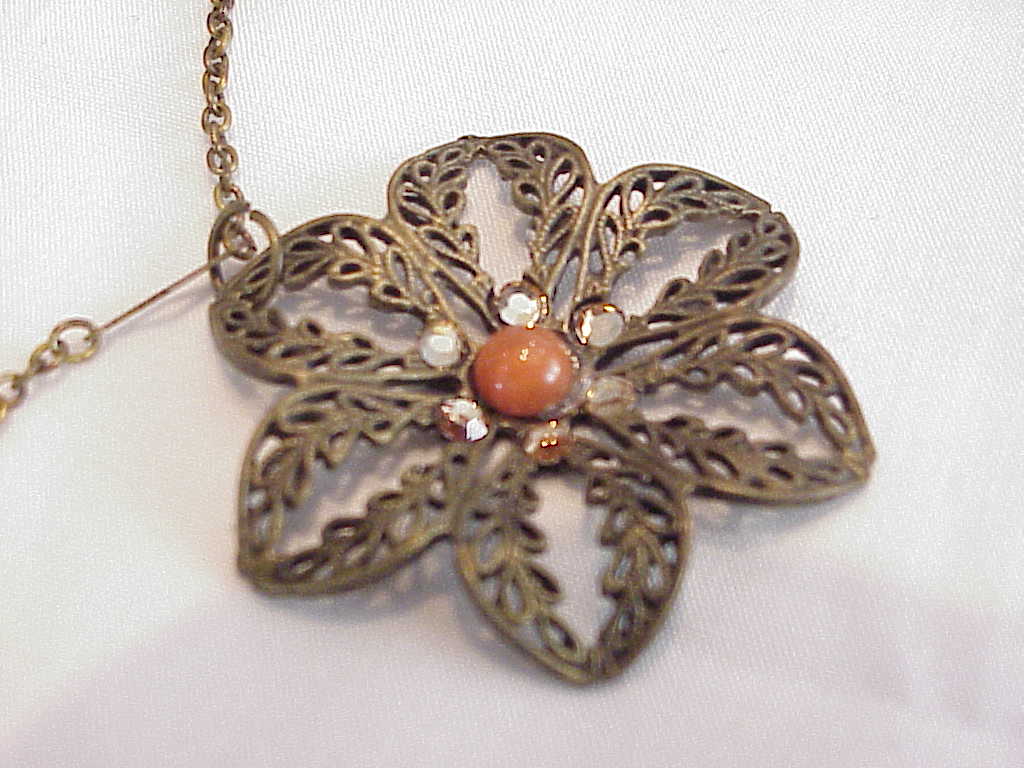 Bronze Filigree, Coral Cabachon, Rhinestone Flower Pendant Necklace