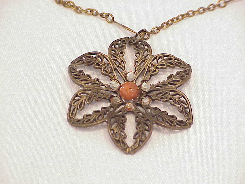 Bronze Filigree, Coral Cabachon, Rhinestone Flower Pendant Necklace