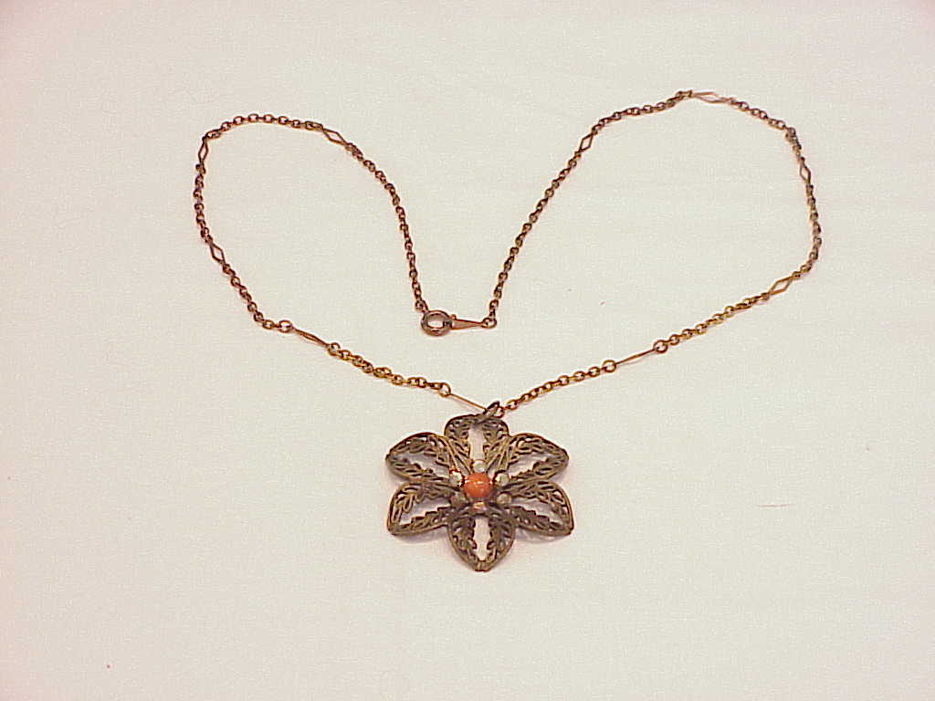 Bronze Filigree, Coral Cabachon, Rhinestone Flower Pendant Necklace