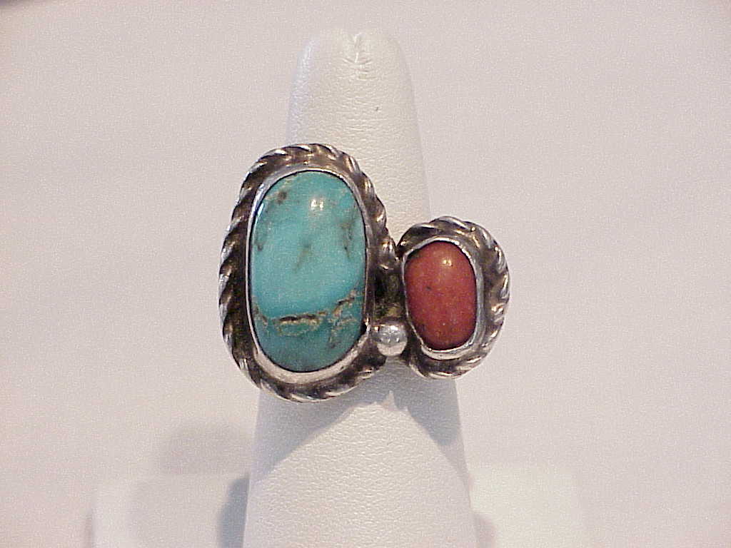 Signed Native American Sterling Silver Turquoise Red Coral Ring