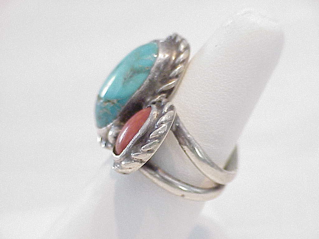 Signed Native American Sterling Silver Turquoise Red Coral Ring