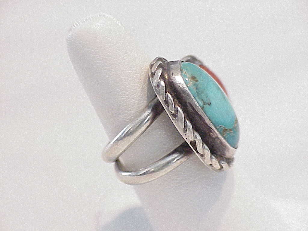 Signed Native American Sterling Silver Turquoise Red Coral Ring