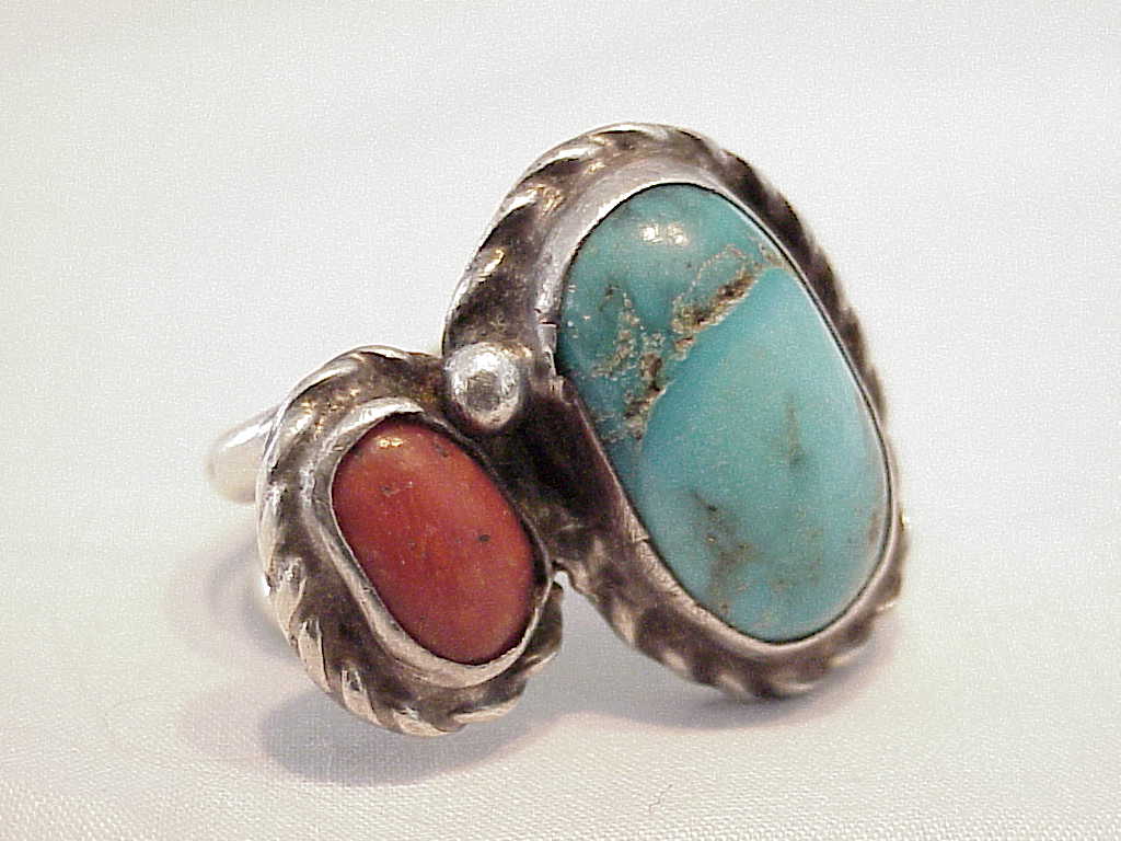 Signed Native American Sterling Silver Turquoise Red Coral Ring