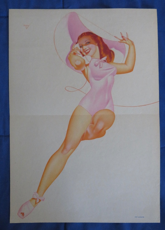 Original 1945 Sexy Red Haired Pin Up Girl Wearing Pink Outfit & Pink Hat While Talking On Telephone By George Petty