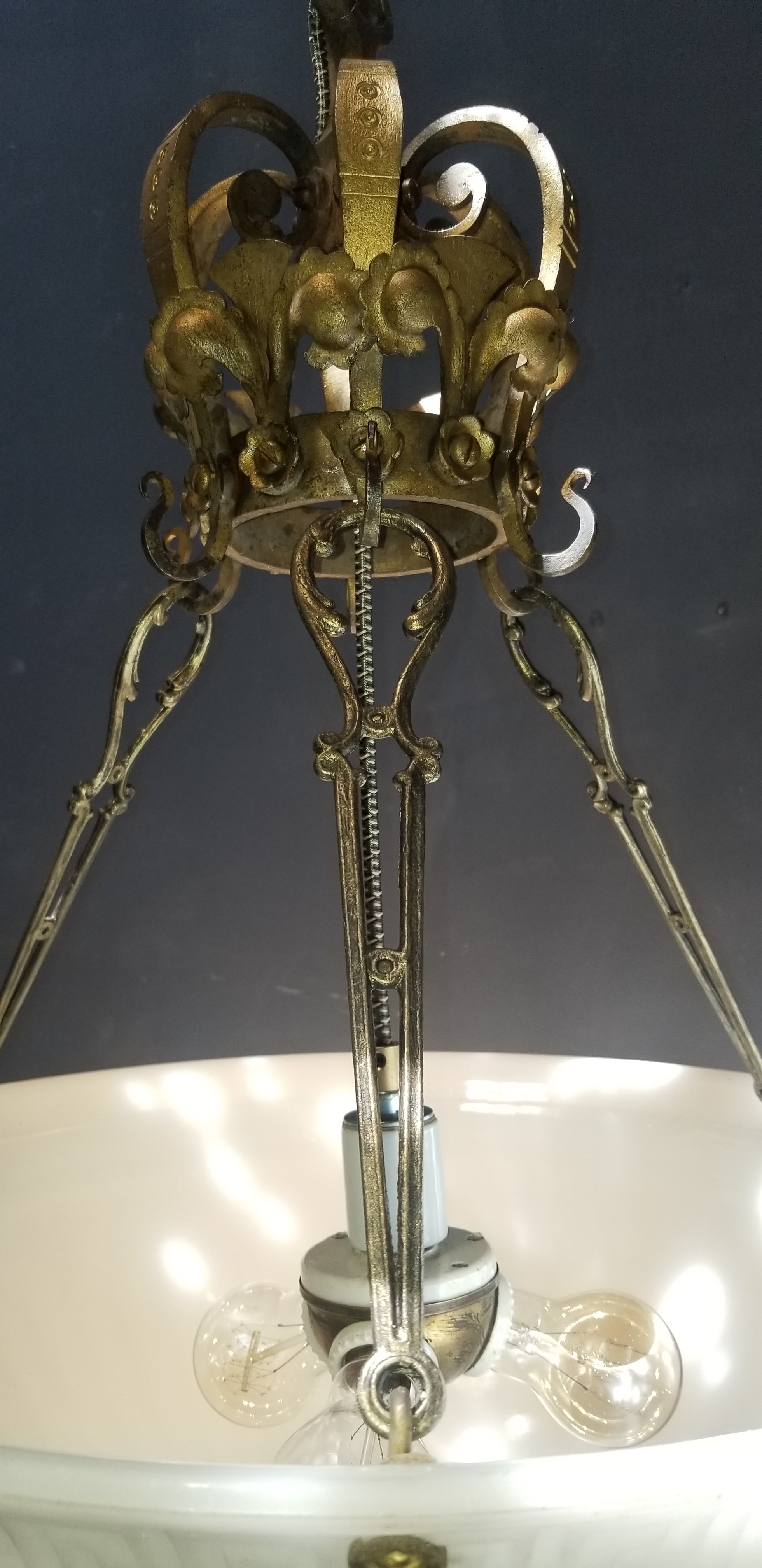 Monumental hanging bowl fixture holds 3 bulbs