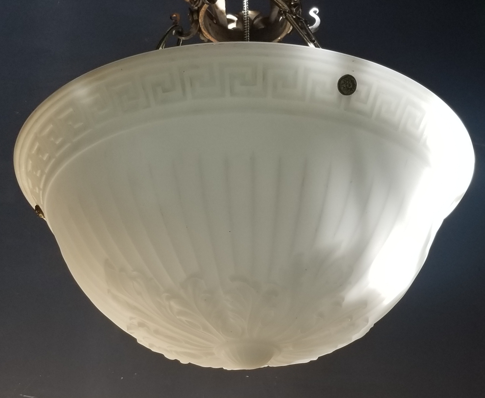 Monumental hanging bowl fixture holds 3 bulbs