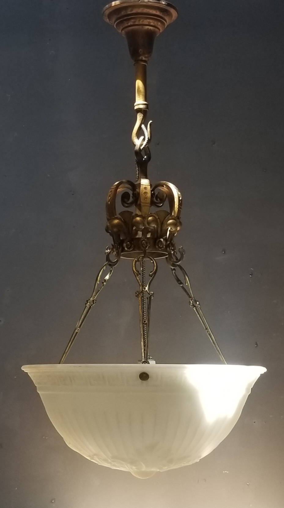 Monumental hanging bowl fixture holds 3 bulbs