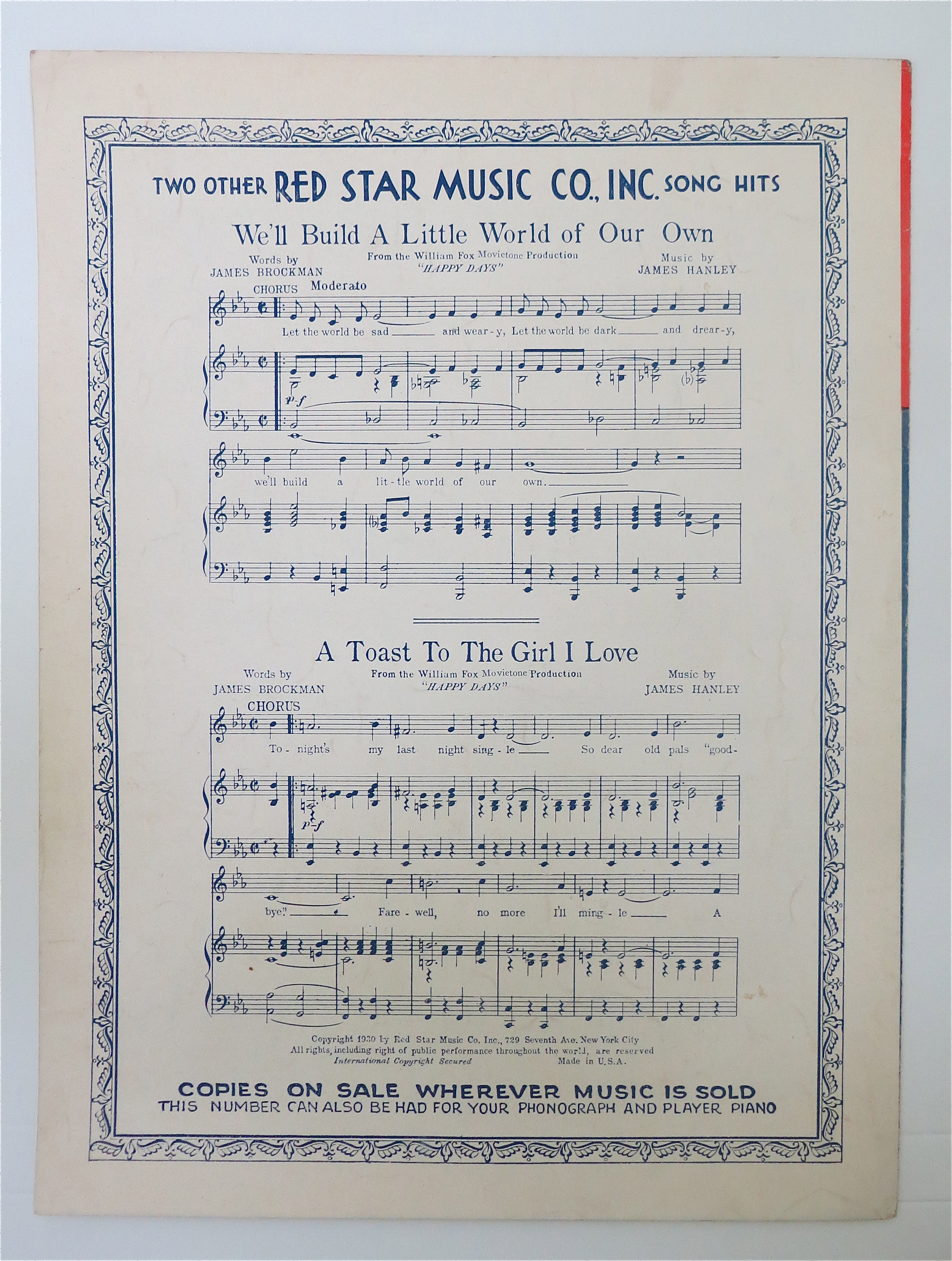 Sheet Music 1930 Happy Days