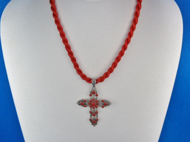 Native American Coral Sterling Silver Cross Pendant