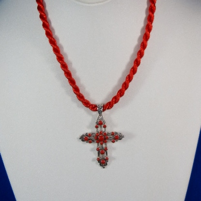 Native American Coral Sterling Silver Cross Pendant