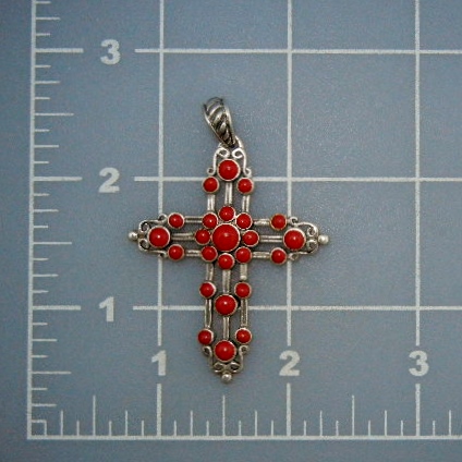 Native American Coral Sterling Silver Cross Pendant