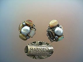 Miriam Haskell Pearl Abalone clip earrings