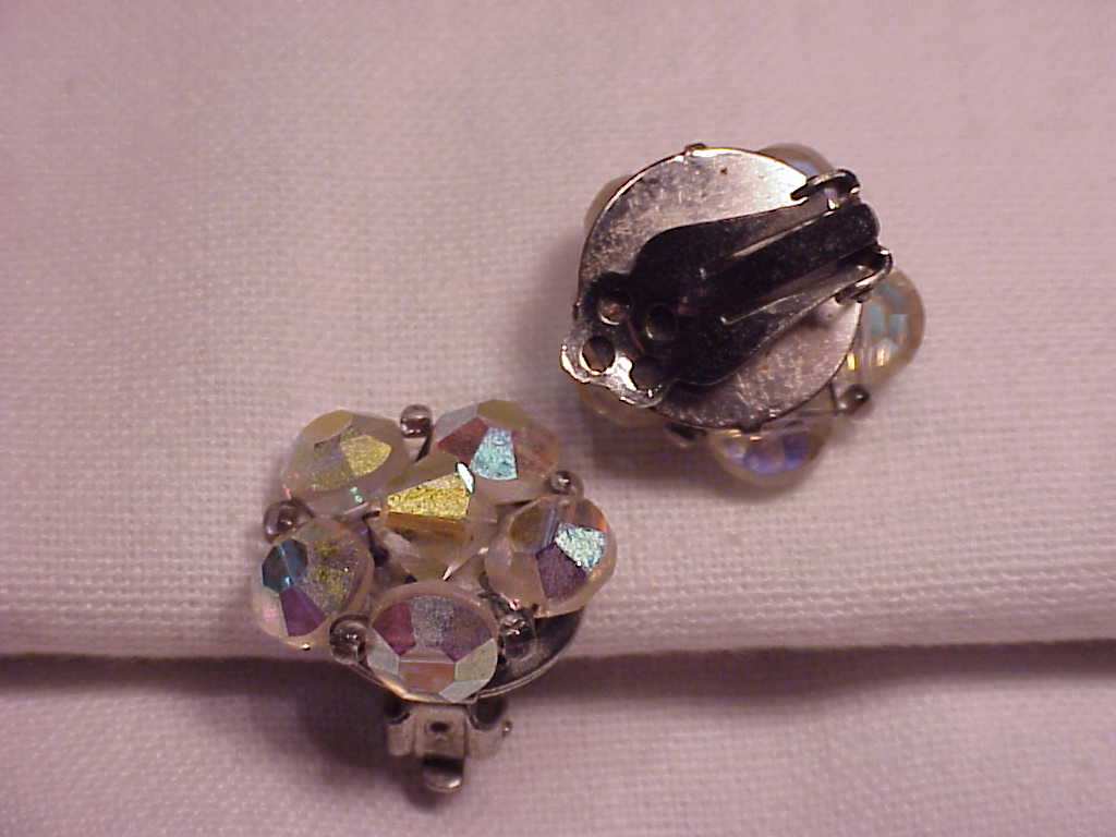 Vintage Aurora Borealis Crystal Bead Clip Earrings