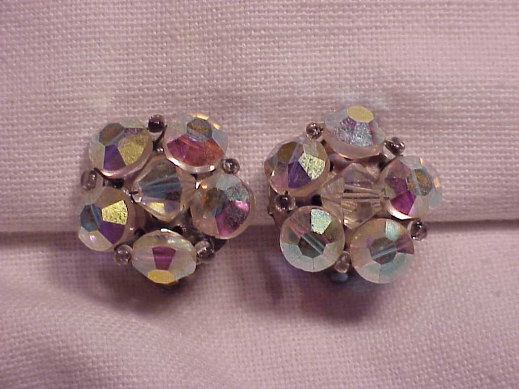 Vintage Aurora Borealis Crystal Bead Clip Earrings
