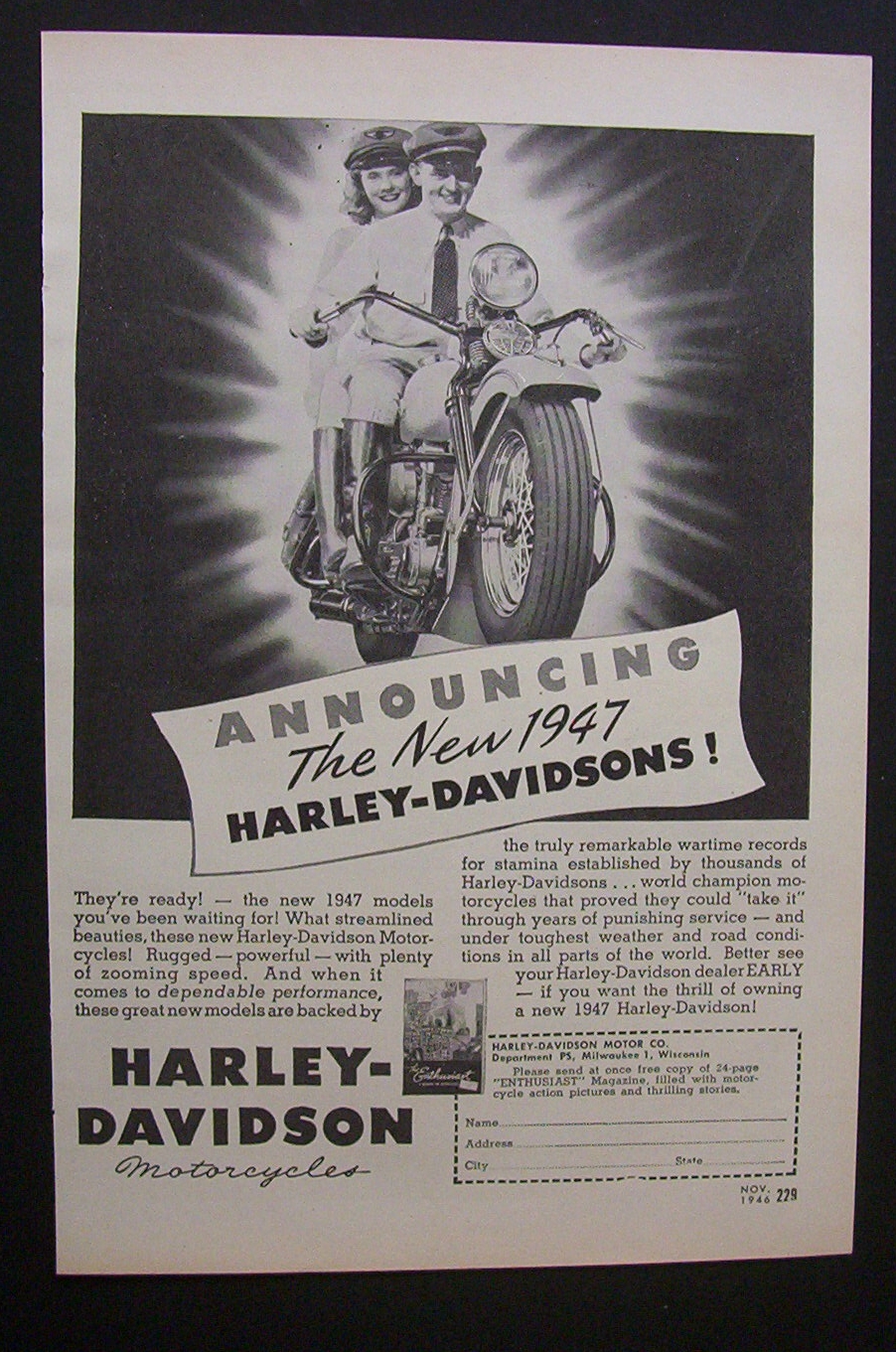 1946 Harley Davidson Motorcycle with Man & Woman