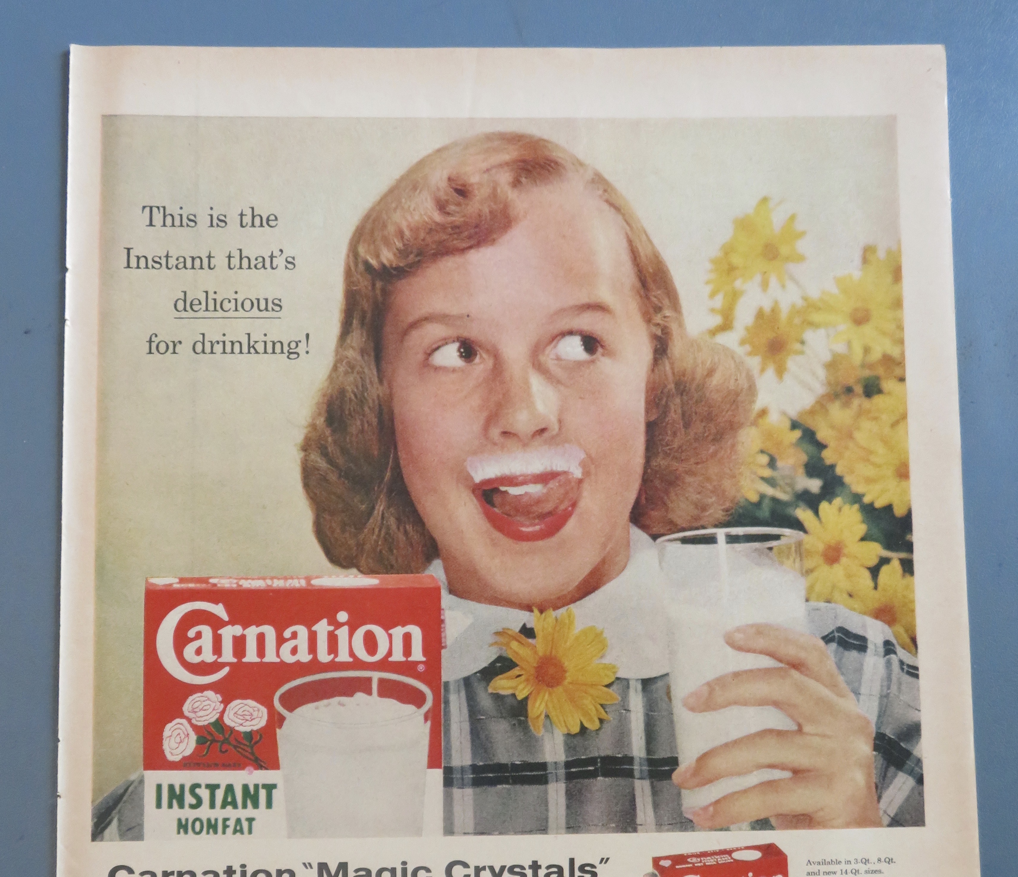 1958 Carnation Instant Dry Milk w/Girl & Milk Moustache