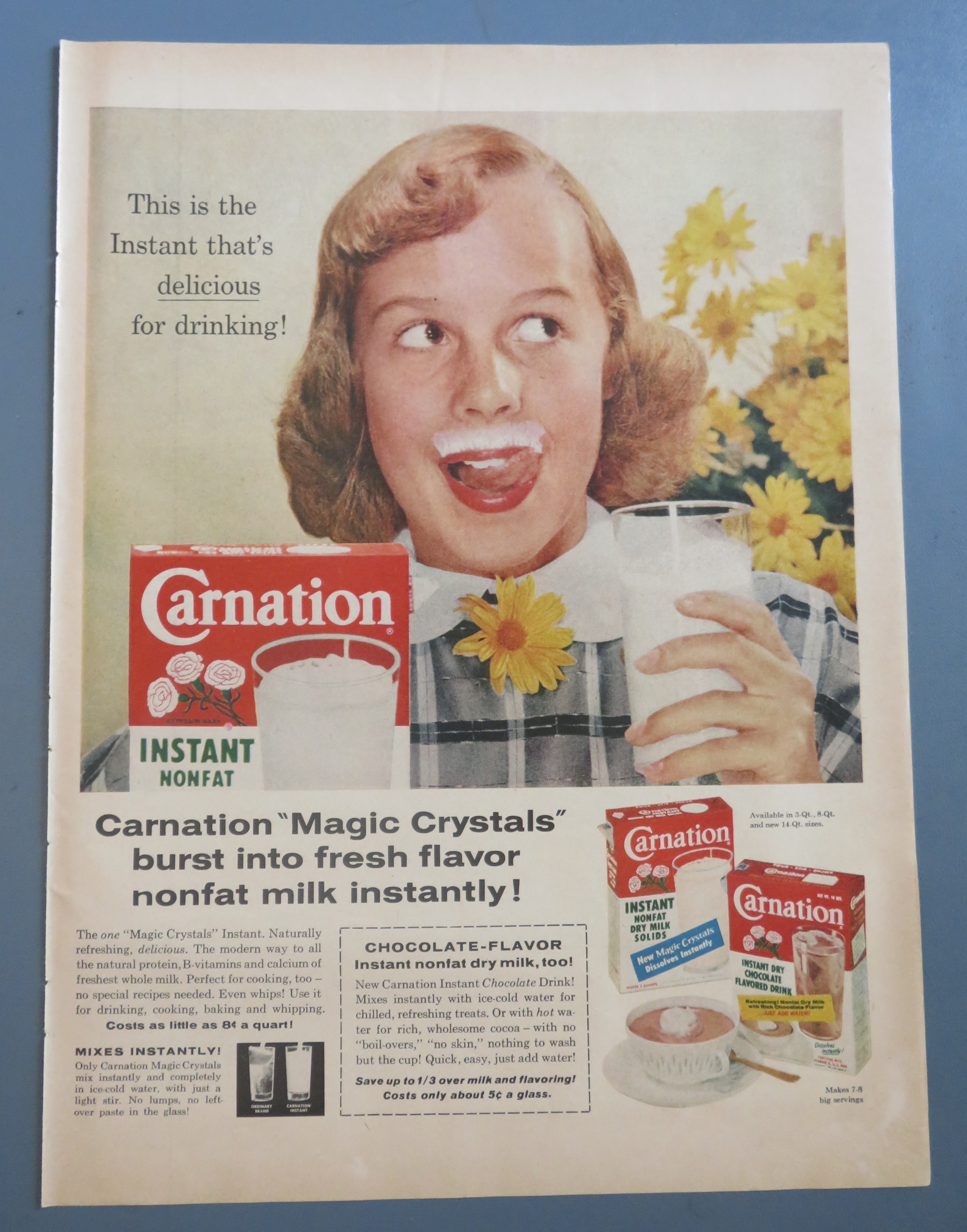 1958 Carnation Instant Dry Milk w/Girl & Milk Moustache