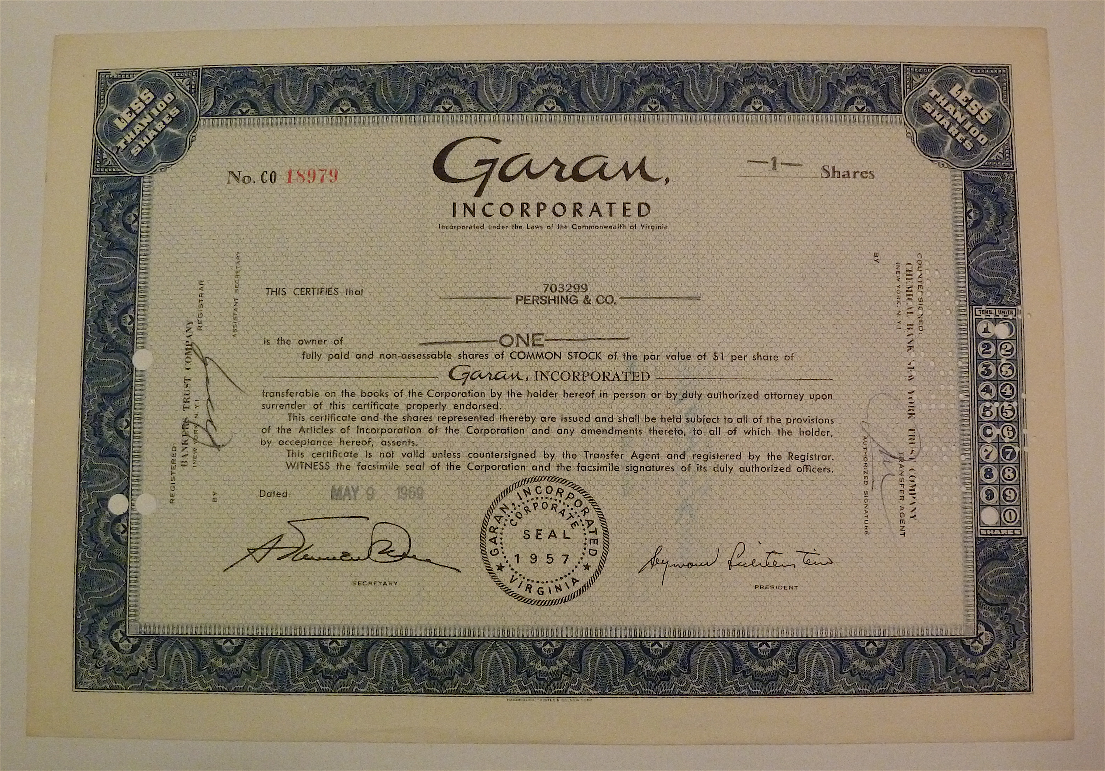1969 Garan Inc. Stock Certificate