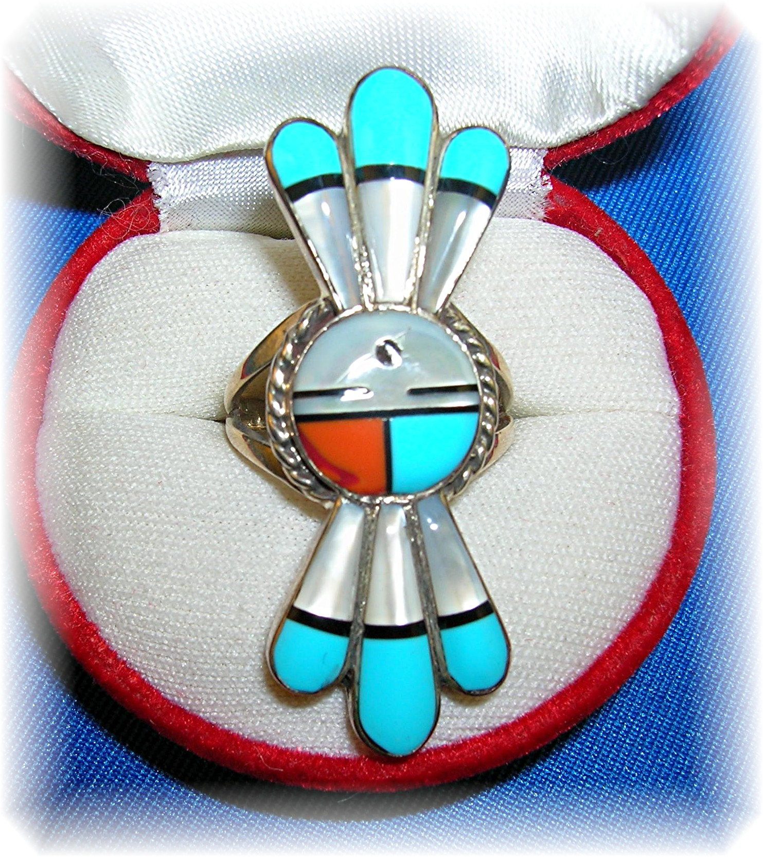 Signed Sterling Turquoise Coral Mother Pearl Ring . .