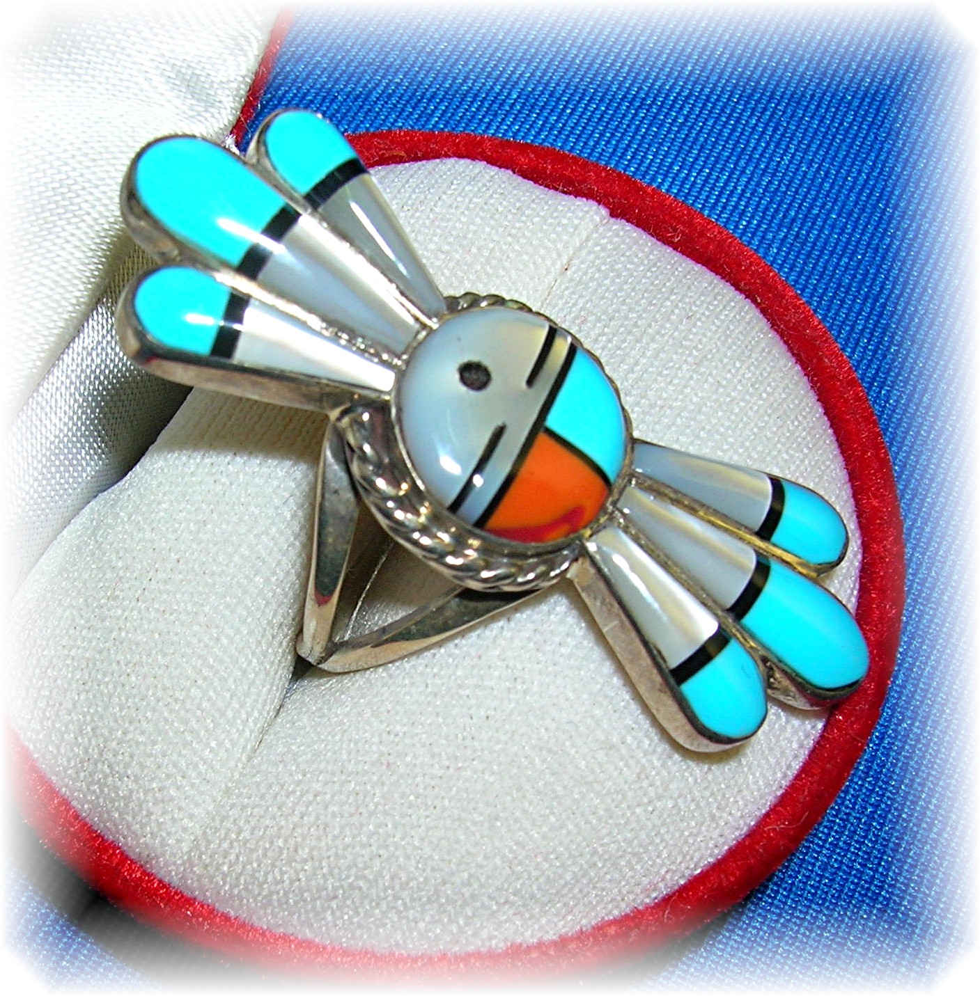 Signed Sterling Turquoise Coral Mother  Pearl Ring . .