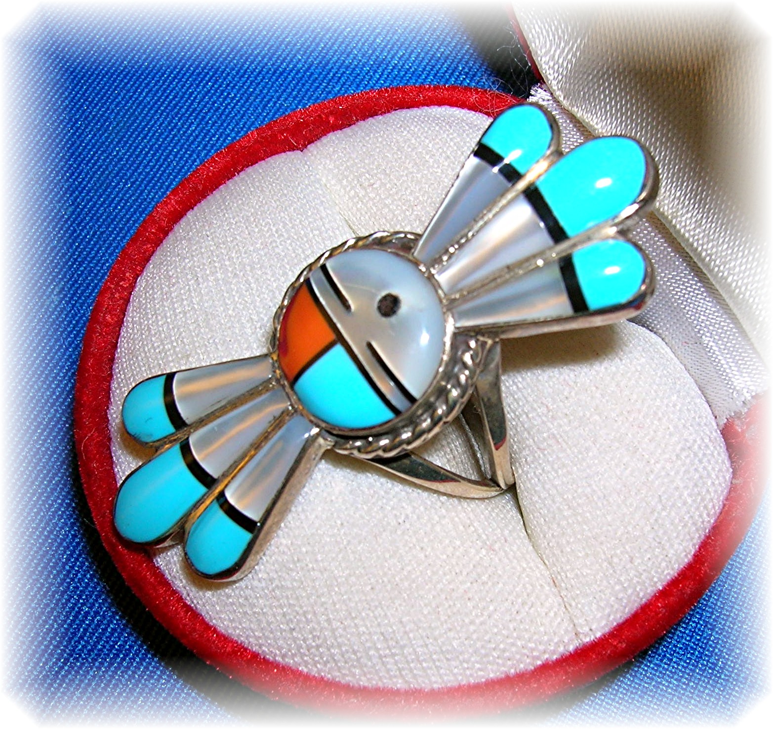 Signed Sterling Turquoise Coral Mother  Pearl Ring . .