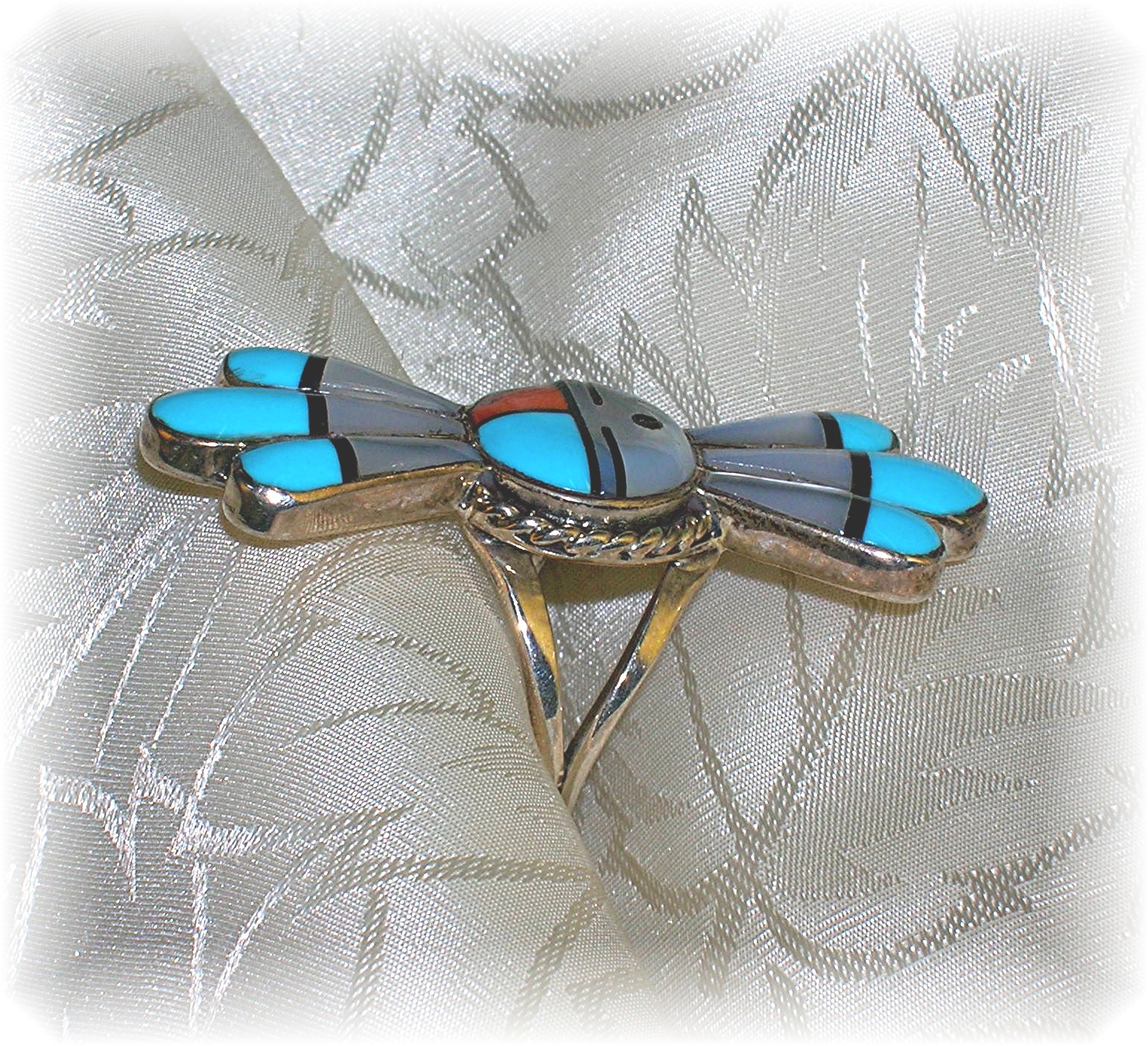 Signed Sterling Turquoise Coral Mother  Pearl Ring . .