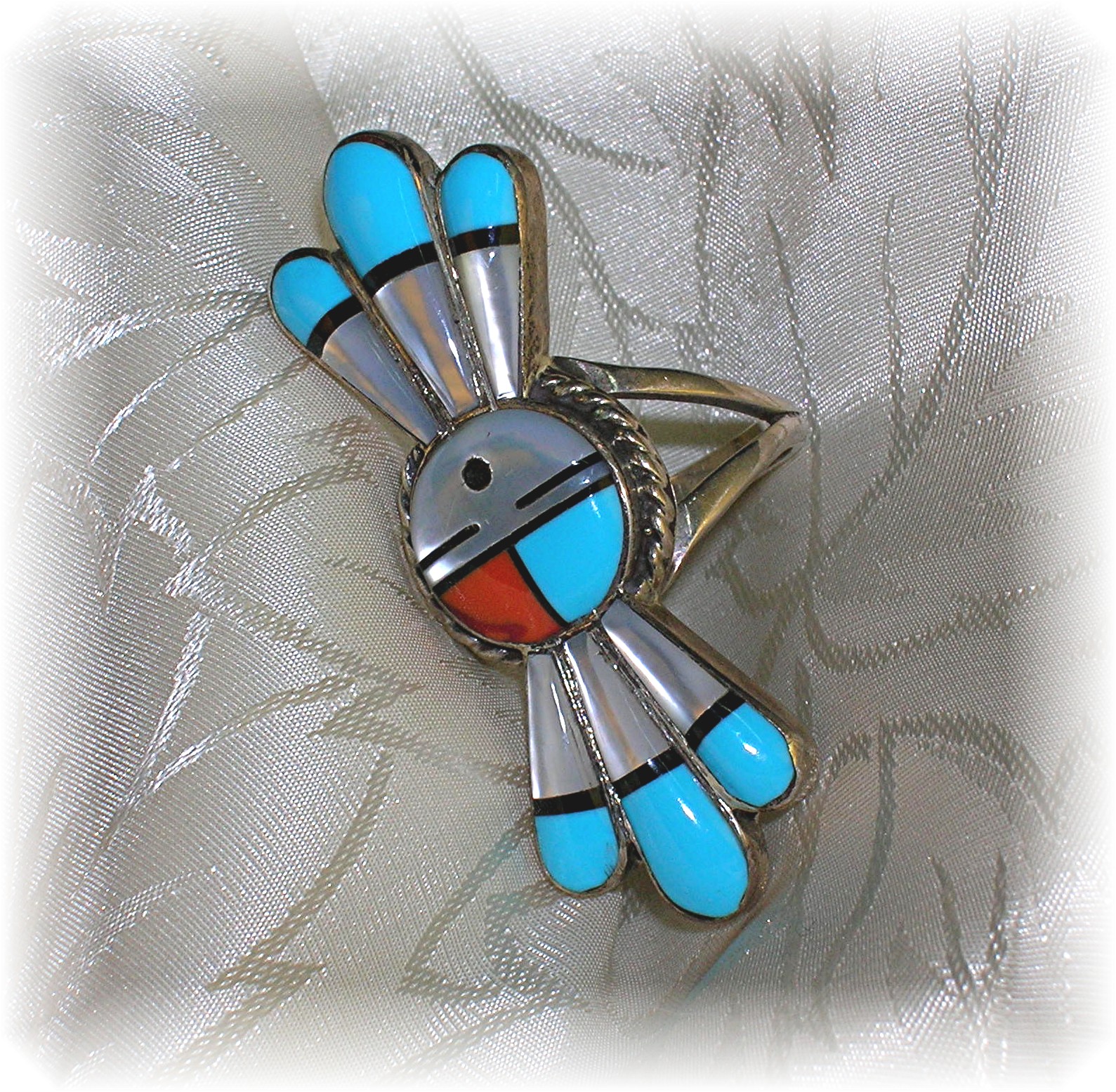 Signed Sterling Turquoise Coral Mother  Pearl Ring . .