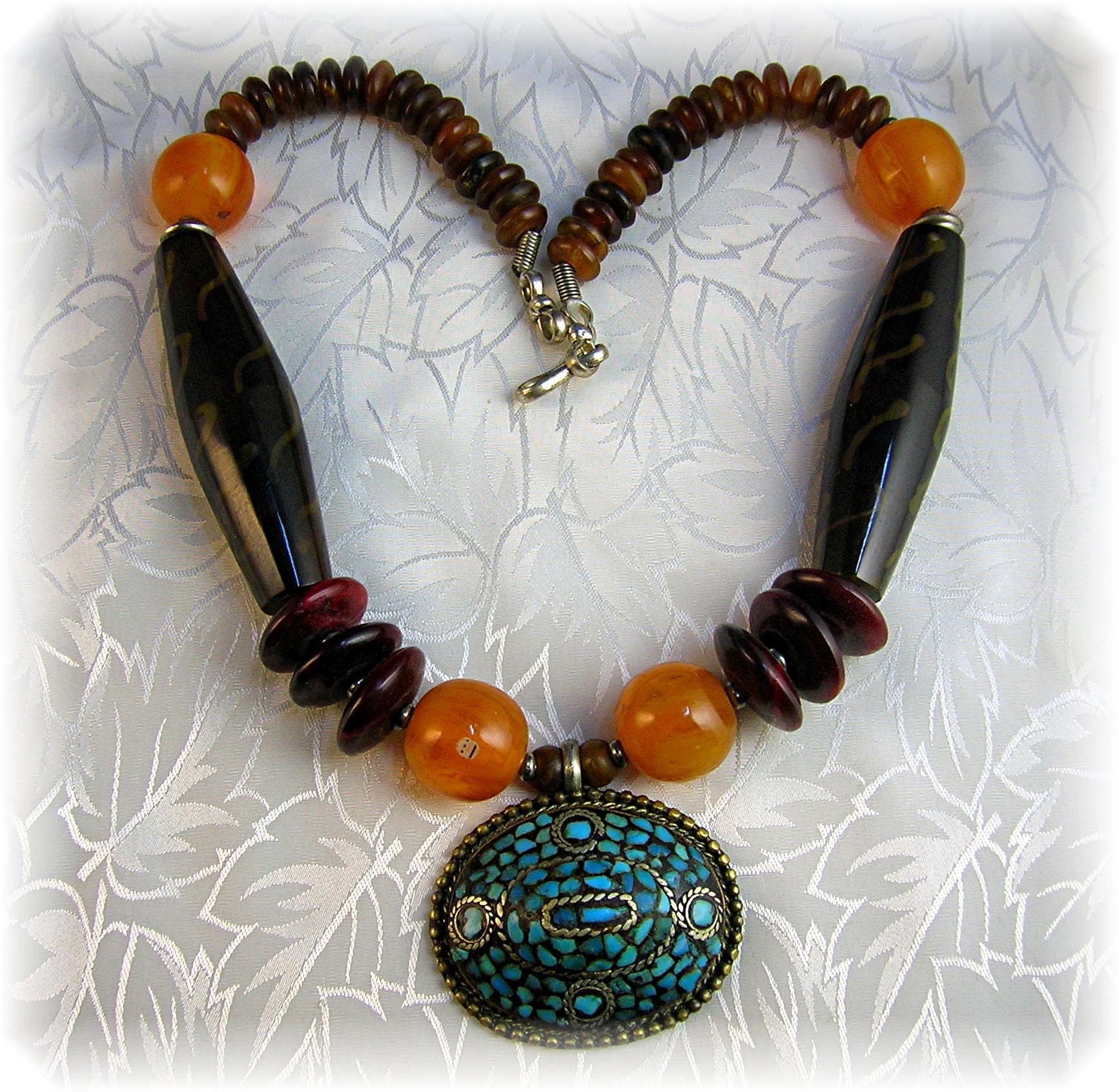 Amber Turquoise Tortoise Look Bead necklace