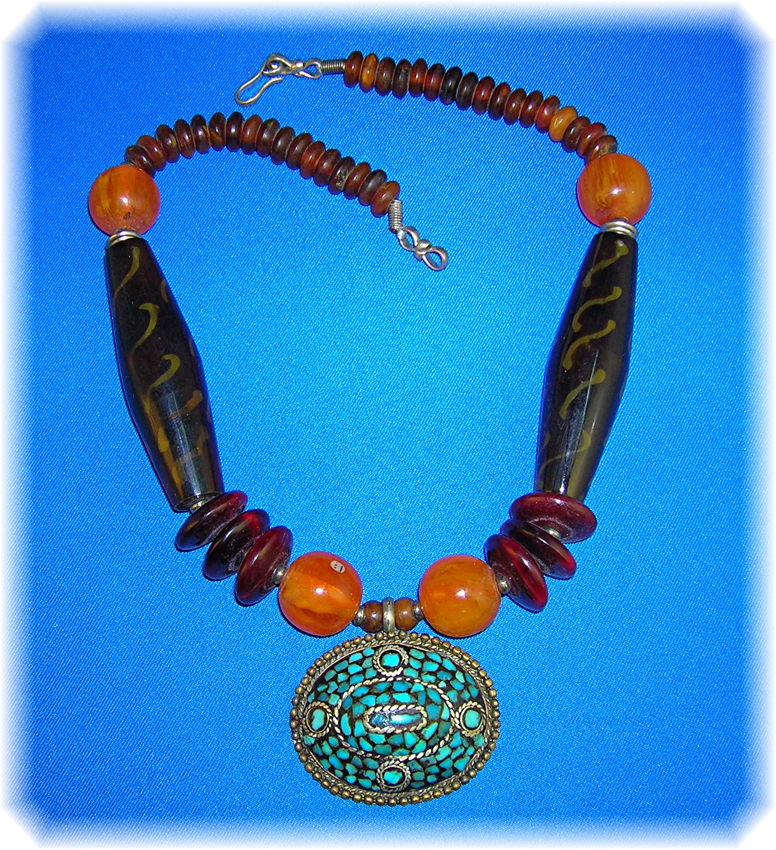 Amber Turquoise Tortoise Look Bead necklace