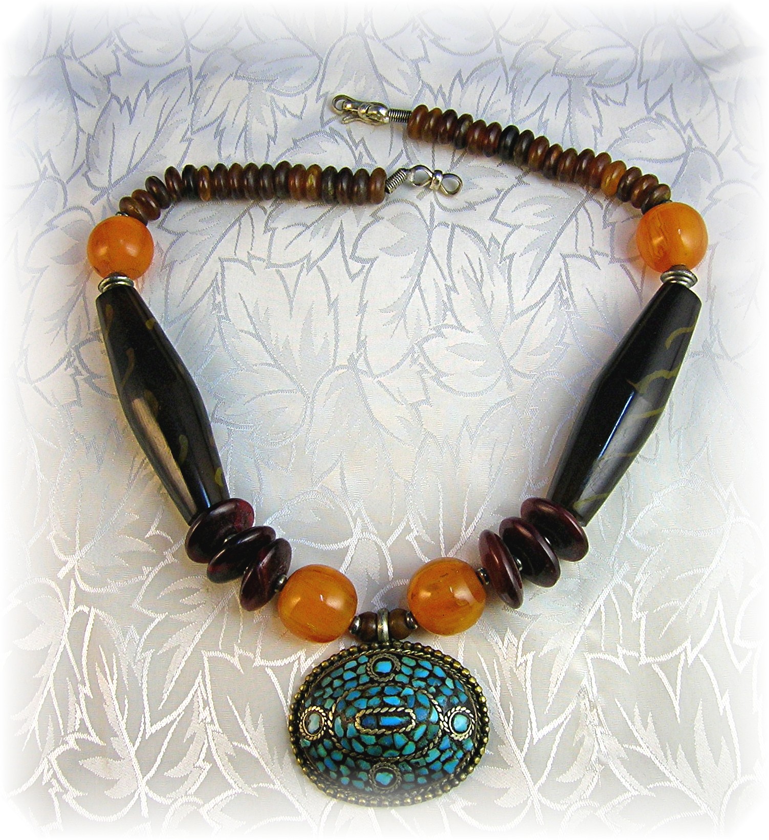 Amber Turquoise Tortoise Look Bead necklace