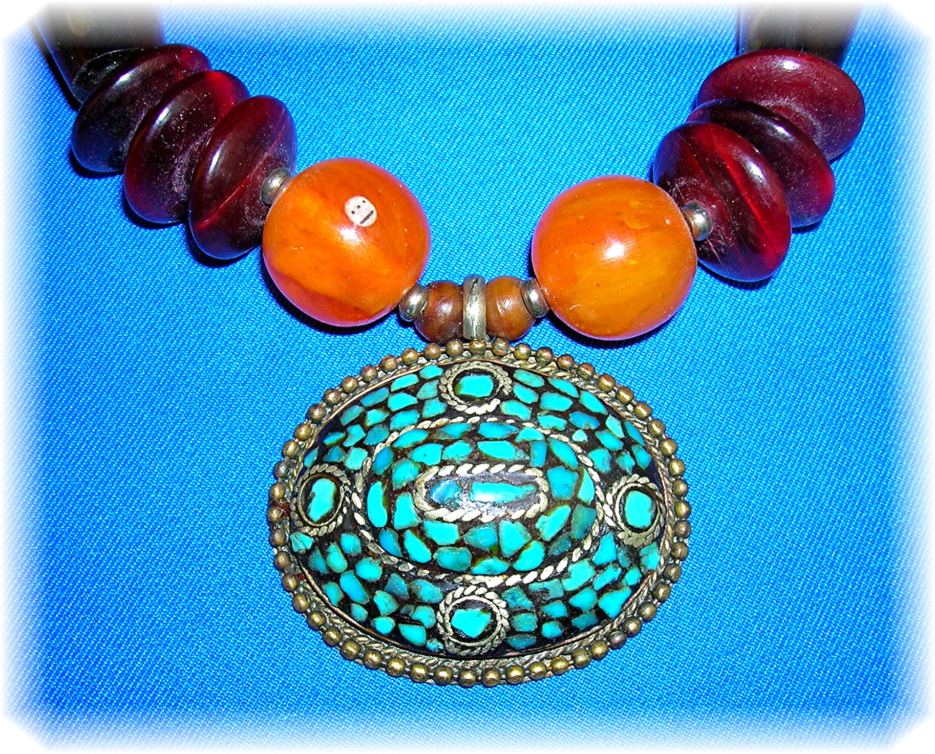 Amber Turquoise Tortoise Look Bead necklace