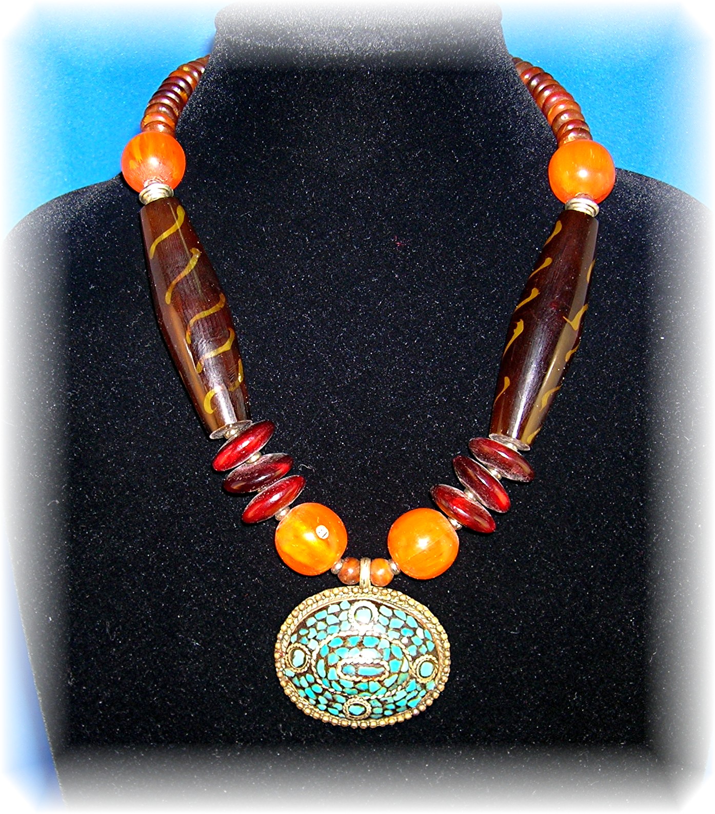 Amber Turquoise Tortoise Look Bead necklace