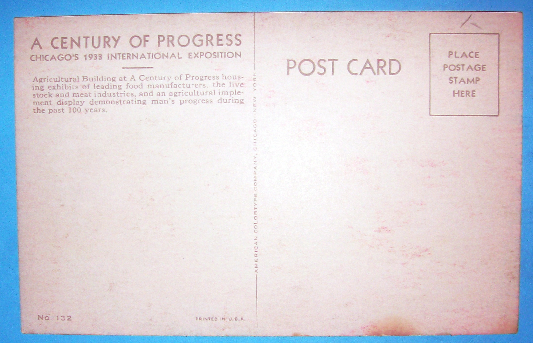 Agricultural Building Postcard-1933 Century Of Progress