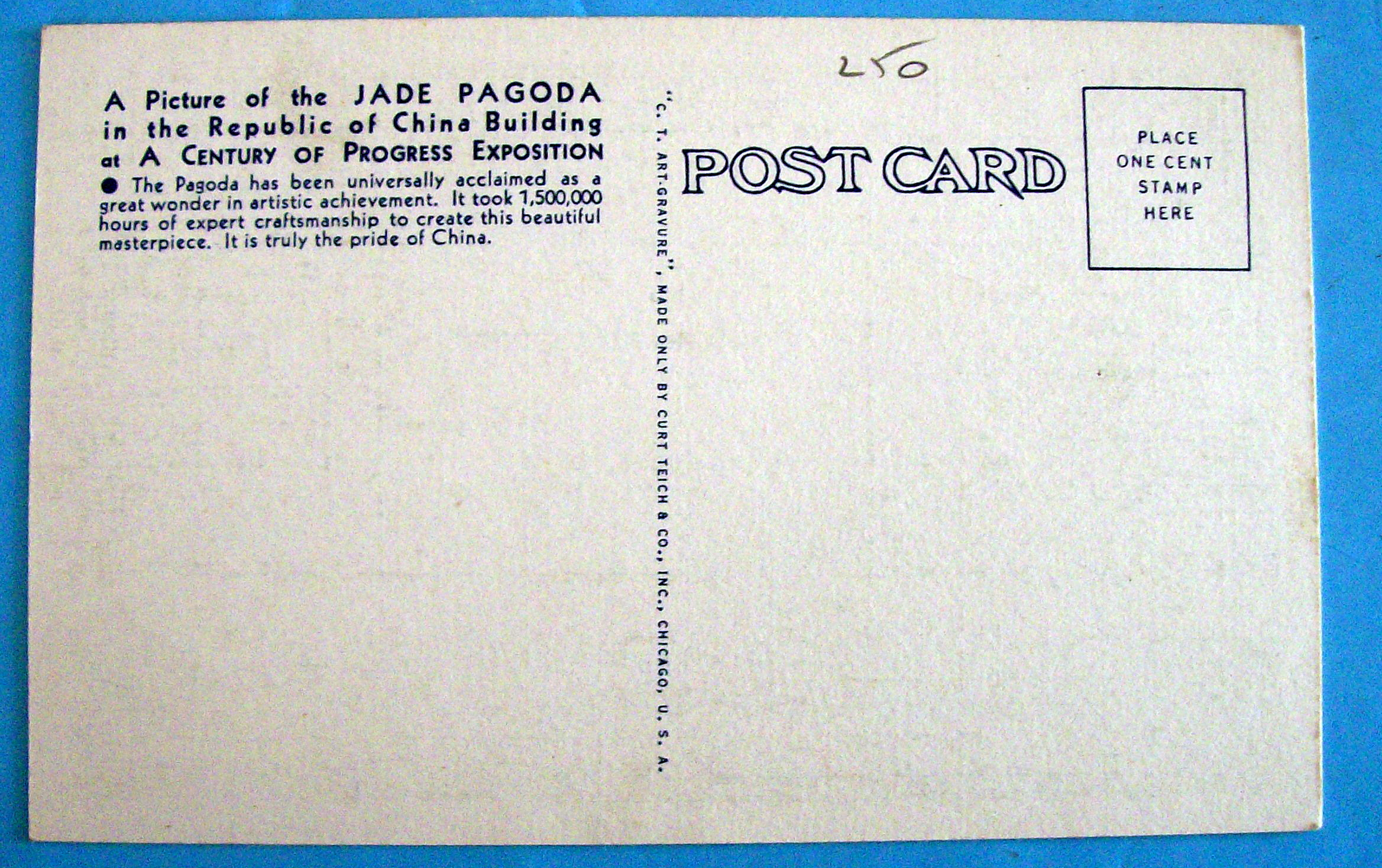 1933 Century of Progress, Green Jade Pagoda Postcard