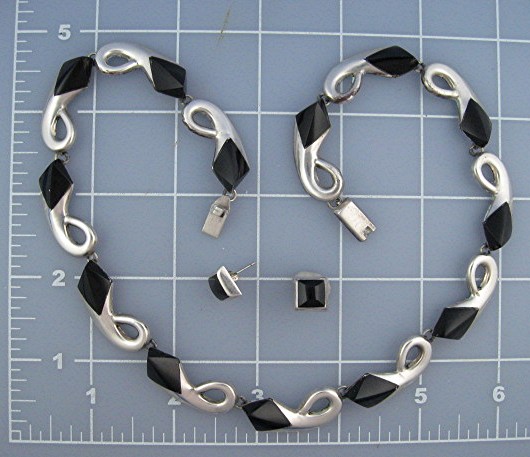 Taxco Sterling Silver Onyx Necklace Earrings