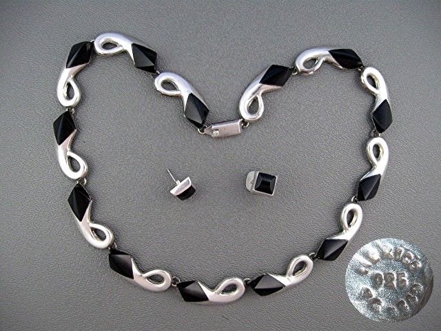 Taxco Sterling Silver Onyx Necklace Earrings