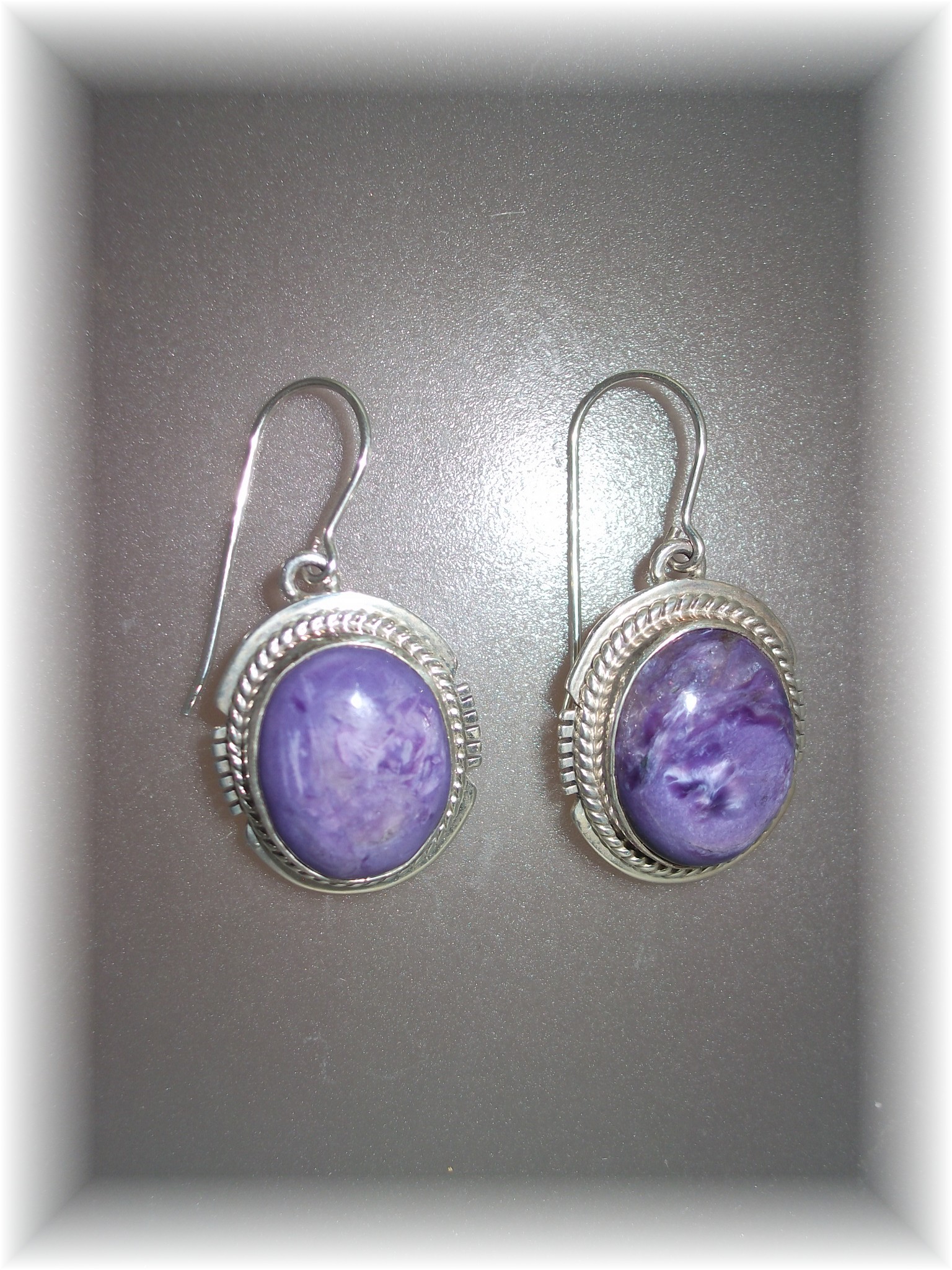 Earrings Sterling Silver Russian Charolite Signed LL