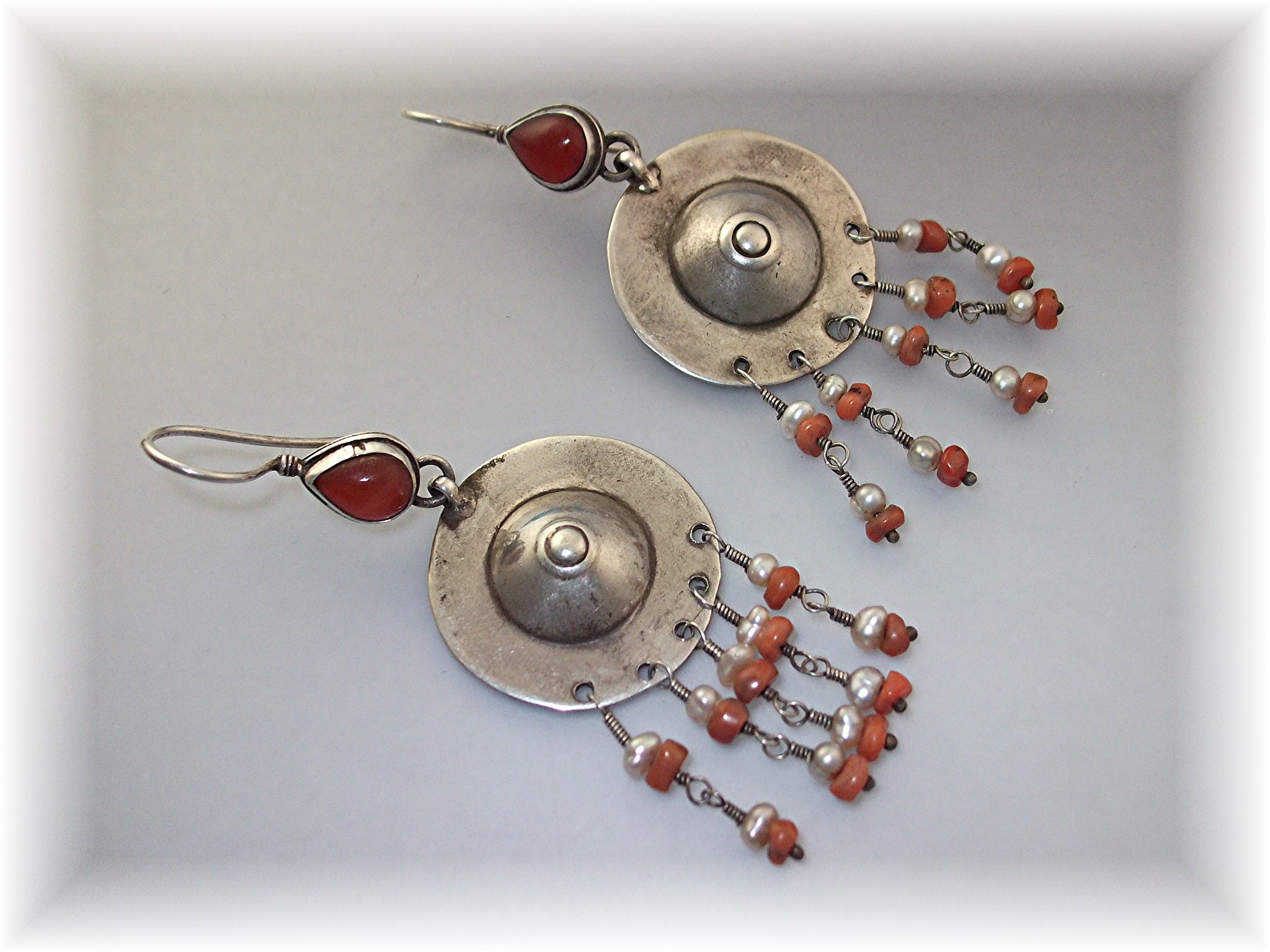 Earrings Silver Carnelian Seed Pearls Afghanistan