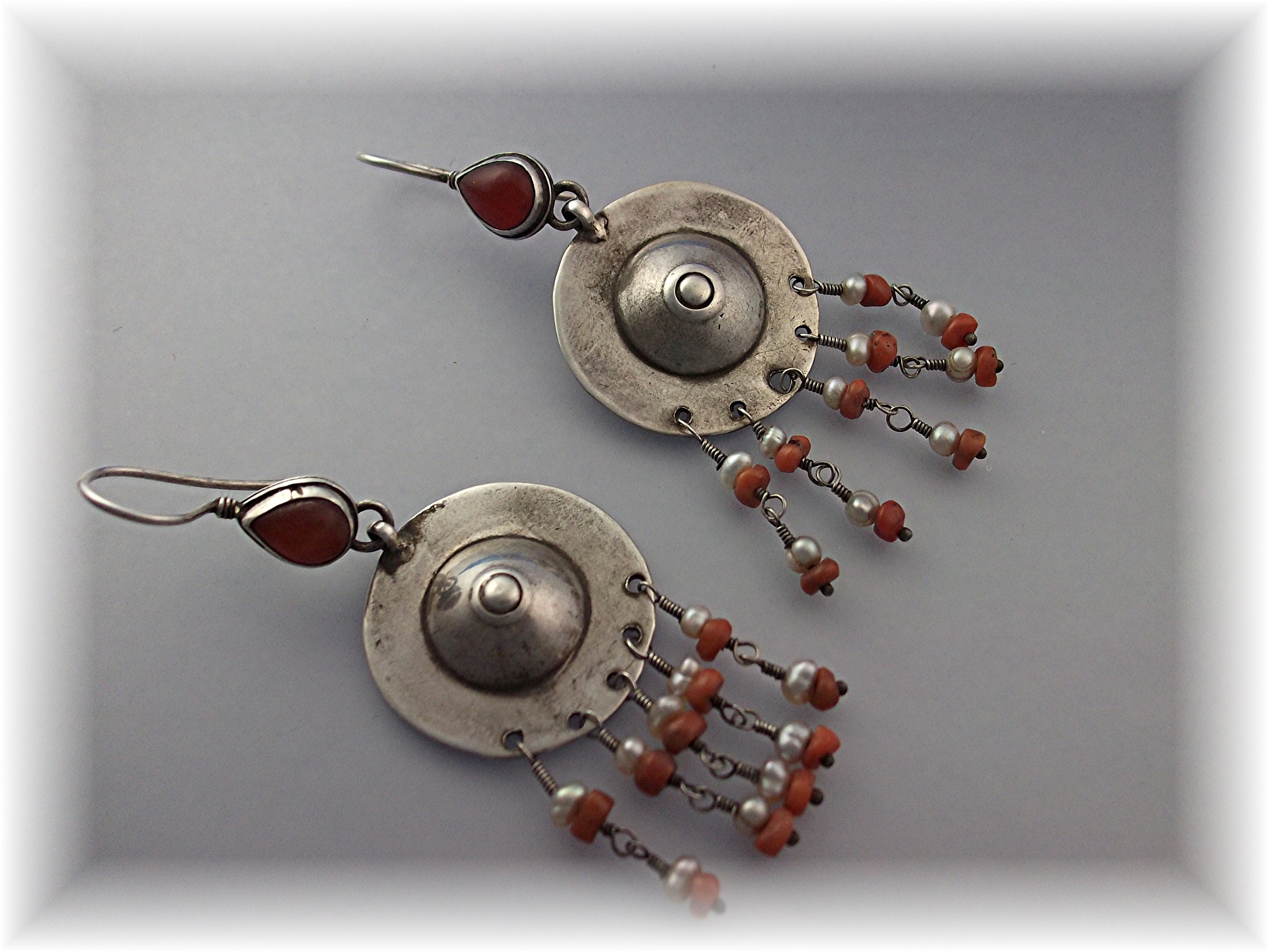Earrings Silver Carnelian Seed Pearls Afghanistan