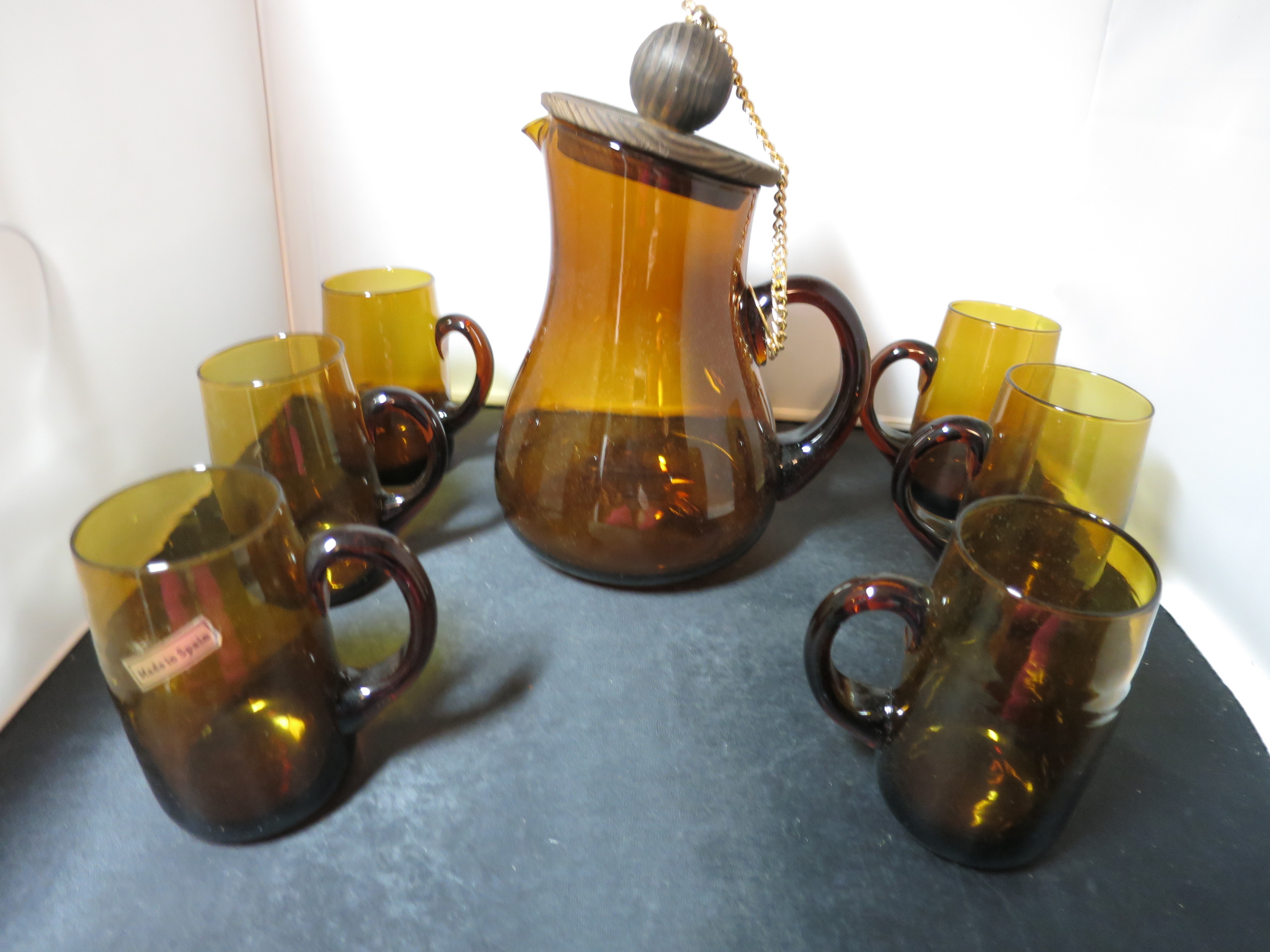 Amber Glass Pitcher and Mug Asymmetrical set Spain Mid Century