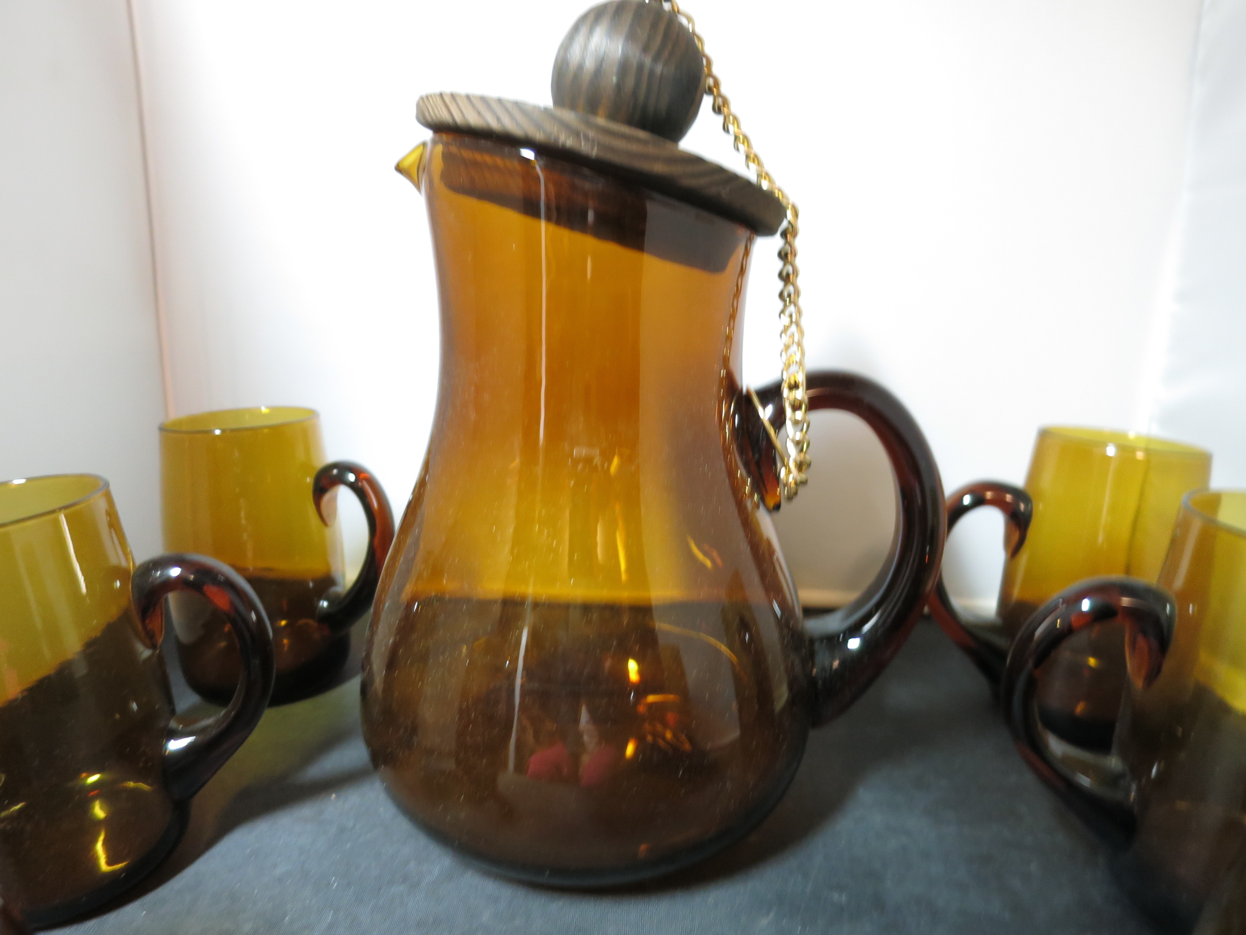 Amber Glass Pitcher and Mug Asymmetrical set Spain Mid Century