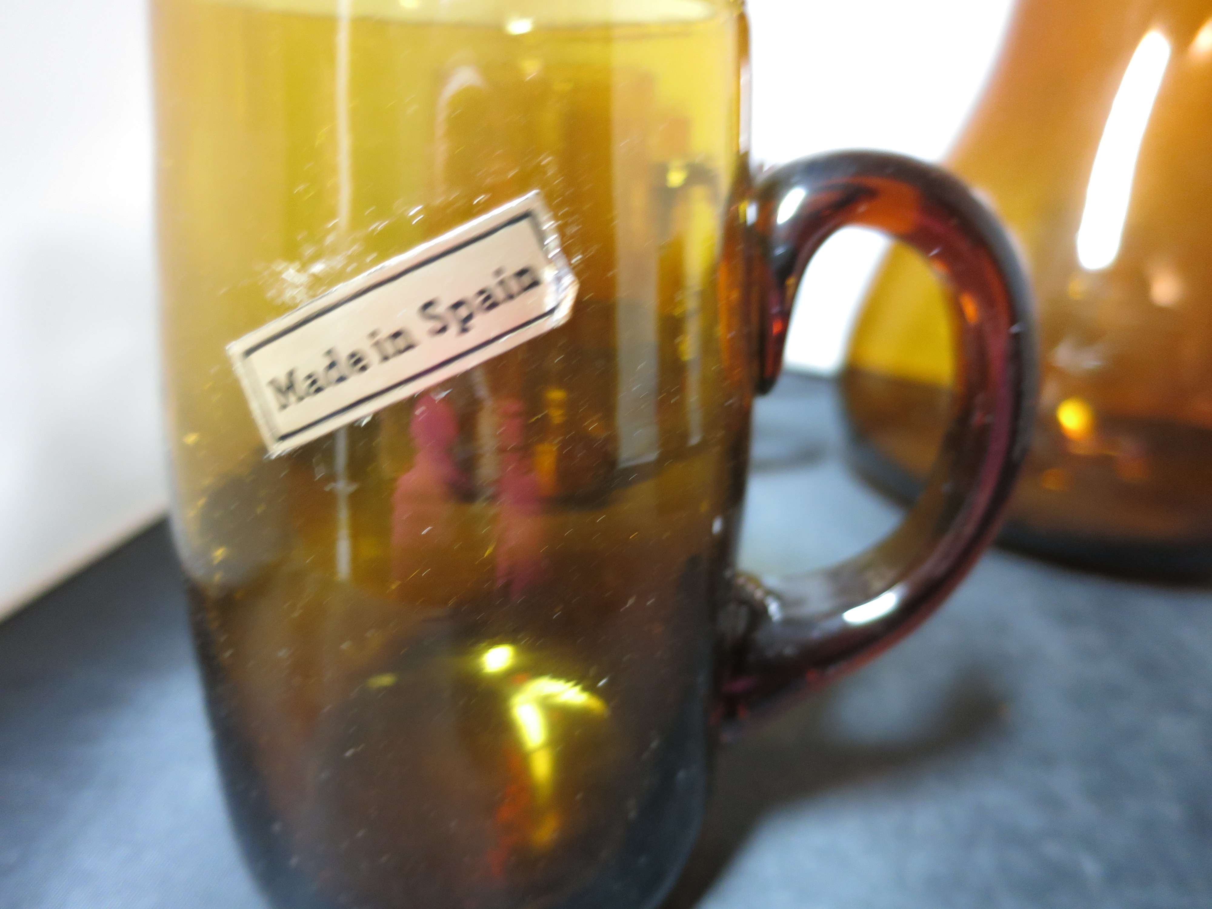 Amber Glass Pitcher and Mug Asymmetrical set Spain Mid Century